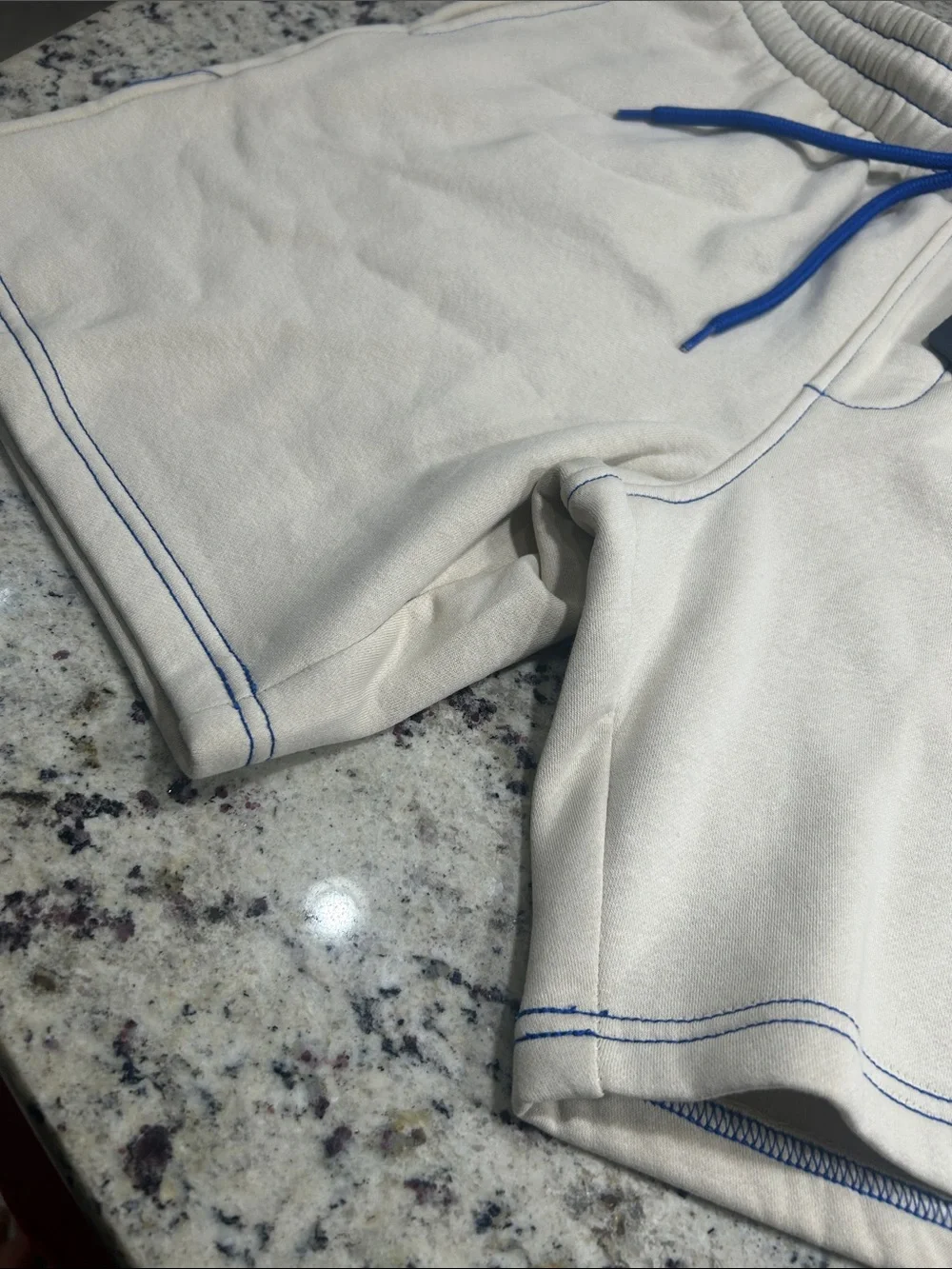 True Religion Cream Shorts with Blue Drawstring and Trim